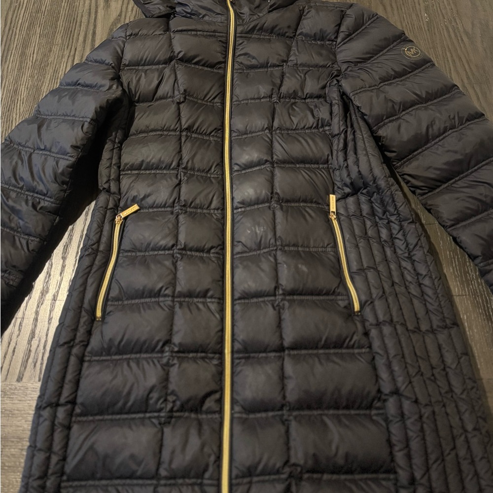 Michael Kors Black Quilted Puffer Coat with Gold Accents